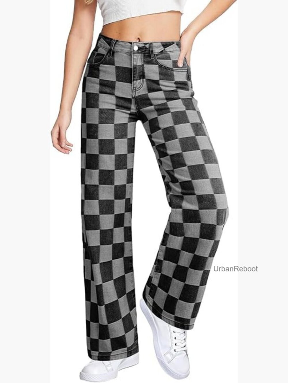 High Waisted Wide Leg Checkered Stretch Denim Pants